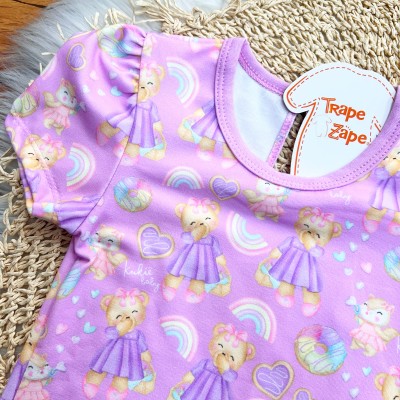 Conj. Body Ursinhas e Short Saia com Pompom - Lilás e Areia